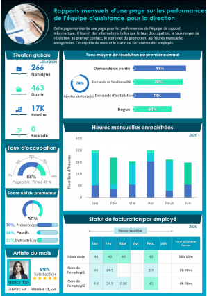 Rapports mensuels sur les performances de l'équipe de support d'une page pour le rapport de présentation de la direction, document infographique ppt pdf