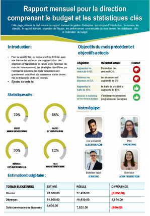 Rapport mensuel pour la direction comprenant le budget et les statistiques clés rapport de présentation infographie ppt document pdf