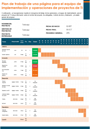 Plan de trabajo de una página para las operaciones del proyecto y el informe del equipo de implementación infografía documento ppt pdf