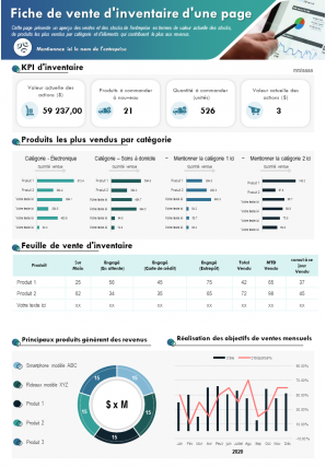 Feuille de vente d'inventaire d'une page, rapport de présentation, infographie ppt, document pdf