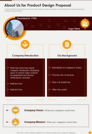 About Us For Product Design Proposal One Pager Sample Example Document