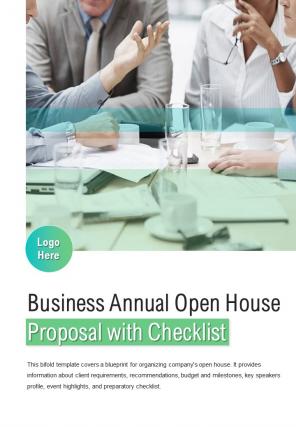 Bi fold business annual open house proposal with checklist document report pdf ppt template