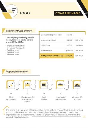 Bi fold flip investment summary for investors document report pdf ppt template