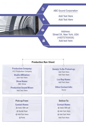 Bi fold production sheet for a show document report pdf ppt template