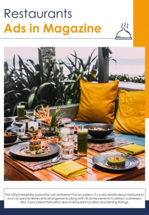 Bi fold restaurants ads in magazine document report pdf ppt template