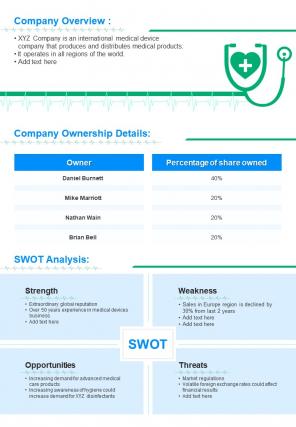 Bi fold summary of marketing plan related to medical device document report pdf ppt template