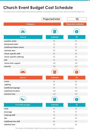 Church Event Budget Cost Schedule One Pager Sample Example Document