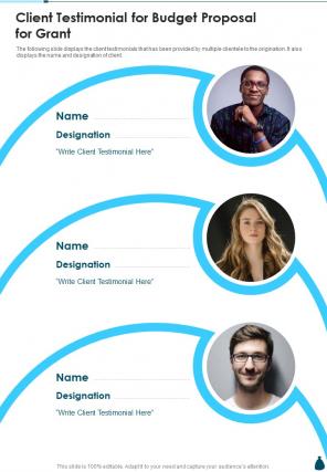 Client Testimonial For Budget Proposal For Grant One Pager Sample Example Document