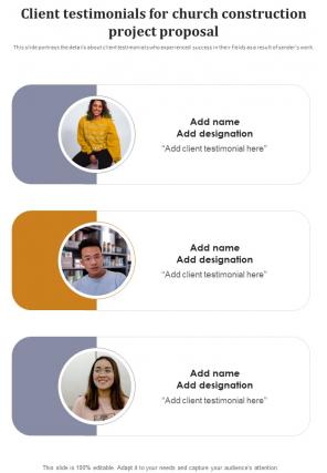 Client Testimonials For Church Construction Project Proposal One Pager Sample Example Document