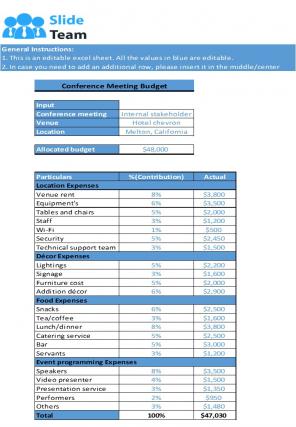 Company Conference Meeting Budget Planning Excel Spreadsheet Worksheet Xlcsv XL SS