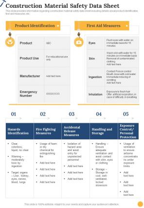 Construction Material Safety Data Sheet Construction Playbook One Pager Sample Example Document