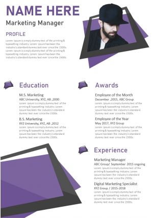 Creative visual resume template for marketing manager infographic