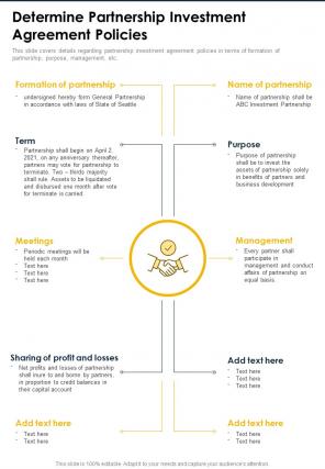 Determine Partnership Investment Agreement Policies One Pager Sample Example Document