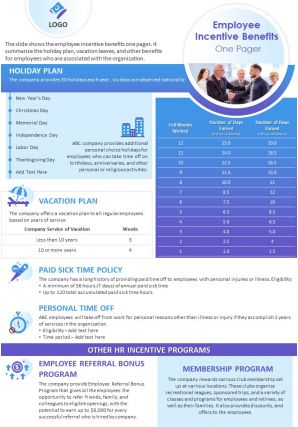 Employee incentive benefits one pager presentation report infographic ppt pdf document