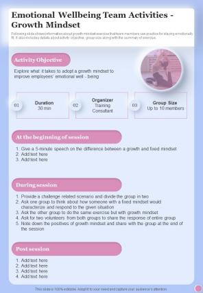 Health And Fitness Playbook Emotional Wellbeing Team One Pager Sample Example Document