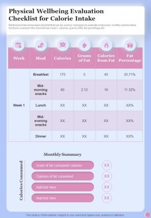 Health And Fitness Playbook Physical Wellbeing Evaluation Checklist One Pager Sample Example Document