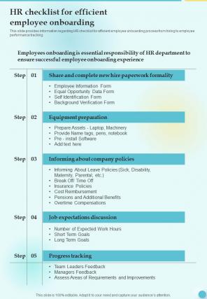 HR Checklist For Efficient Employee Training Playbook Template One Pager Sample Example Document