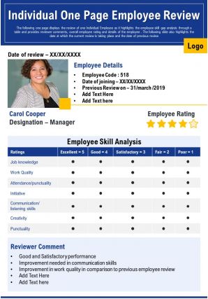 Individual one page employee review presentation report infographic ppt pdf document