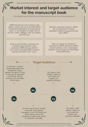 Manuscript Market Interest And Target Audience For The Manuscript Book One Pager Sample Example Document