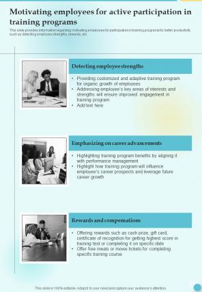 Motivating Employees For Active Training Playbook Template One Pager Sample Example Document