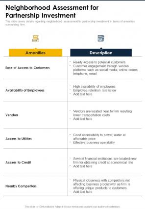 Neighborhood Assessment For Partnership Investment One Pager Sample Example Document