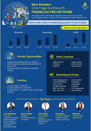 New business one page outline with financial projections presentation report infographic ppt pdf document