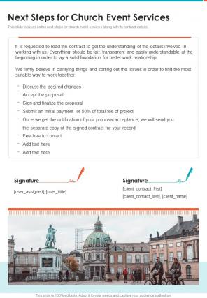 Next Steps For Church Event Services One Pager Sample Example Document