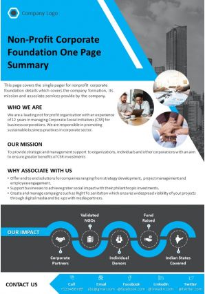 Non profit corporate foundation one page summary presentation report infographic ppt pdf document