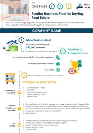 One page 1 3 5 realtor business plan for buying real estate document ppt pdf doc printable