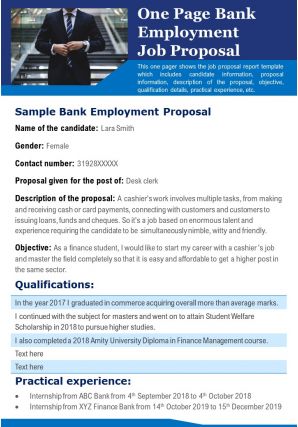 One page bank employment job proposal presentation report infographic ppt pdf document