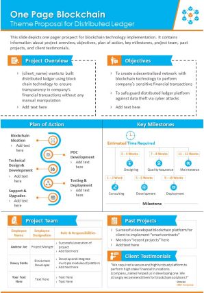 One page blockchain theme proposal for distributed ledger presentation report infographic ppt pdf document