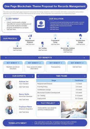 One page blockchain theme proposal for records management presentation report infographic ppt pdf document