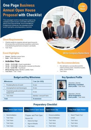 One page business annual open house proposal with checklist presentation report infographic ppt pdf document