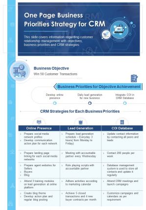 One page business priorities strategy for crm document ppt pdf doc printable