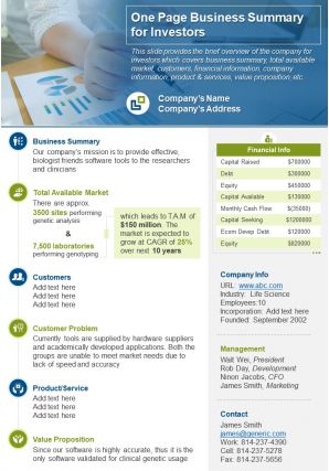 One page business summary for investors document ppt pdf doc printable