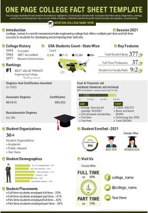 One page college fact sheet template presentation report infographic ppt pdf document