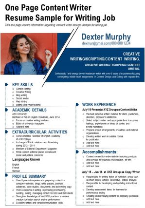 One page content writer resume sample for writing job presentation report infographic ppt pdf document