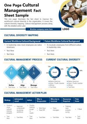 One page cultural management fact sheet sample presentation report ppt pdf document