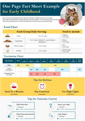 One page fact sheet example for early childhood report ppt pdf document