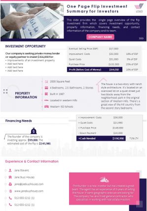 One page flip investment summary for investors document ppt pdf doc printable