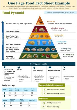 One page food fact sheet example presentation report infographic ppt pdf document