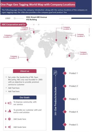 One page geo tagging world map with company locations presentation report infographic ppt pdf document