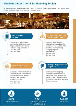 One page initiatives under church for nurturing society presentation report infographic ppt pdf document