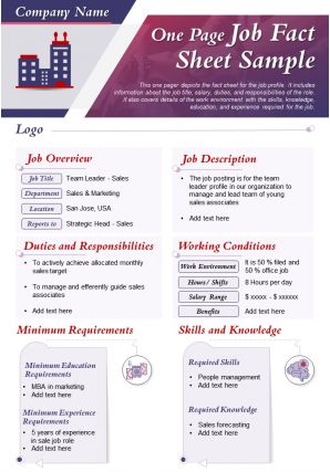 One page job fact sheet sample presentation report infographic ppt pdf document