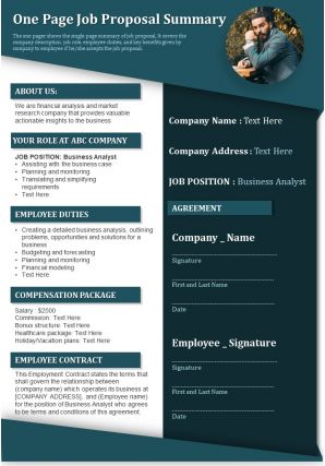 One page job proposal summary presentation report infographic ppt pdf document