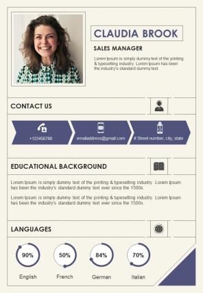 One Page Professional Sales Manager Resume Presentation Report Infographic Ppt Pdf Document