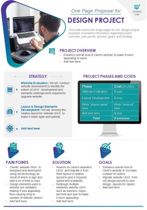 One page proposal for design project presentation report infographic ppt pdf document