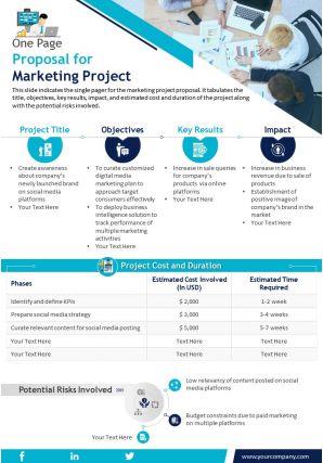 One page proposal for marketing project presentation report infographic ppt pdf document