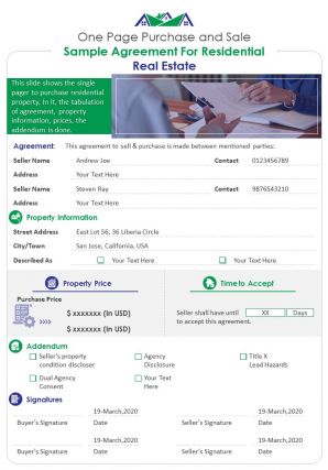 One page purchase and sale sample agreement for residential real estate report infographic ppt pdf document