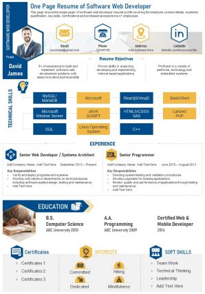 One page resume of software web developer presentation report infographic ppt pdf document